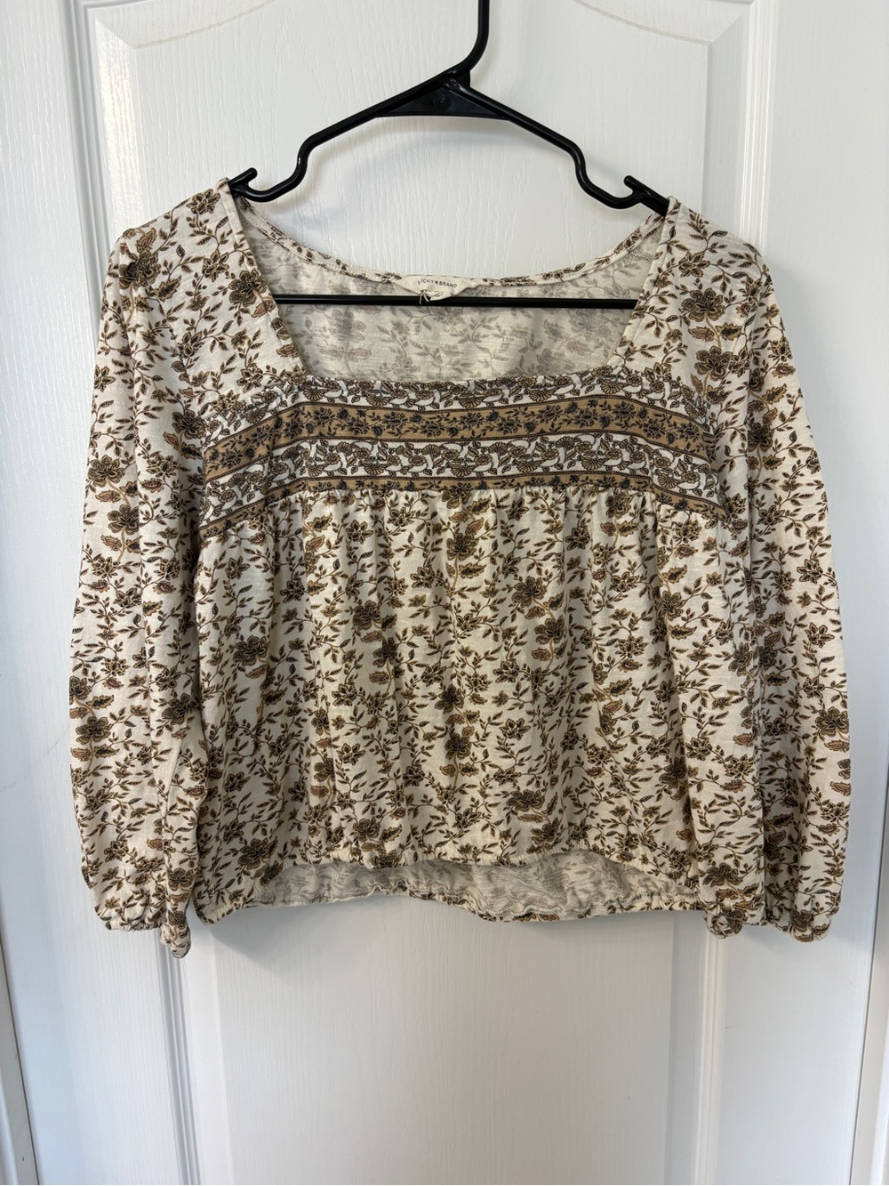 Lucky Brand Cream and Brown Peasant Top Size Medium